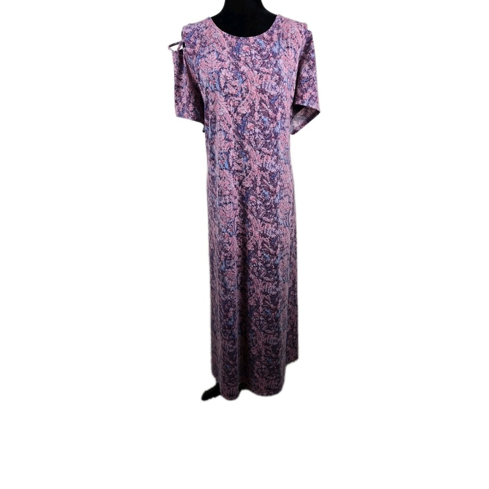 Catherines 2X Pink Purple Print Maxi Dress | Cold Shoulder Lattice Sleeve | Plus